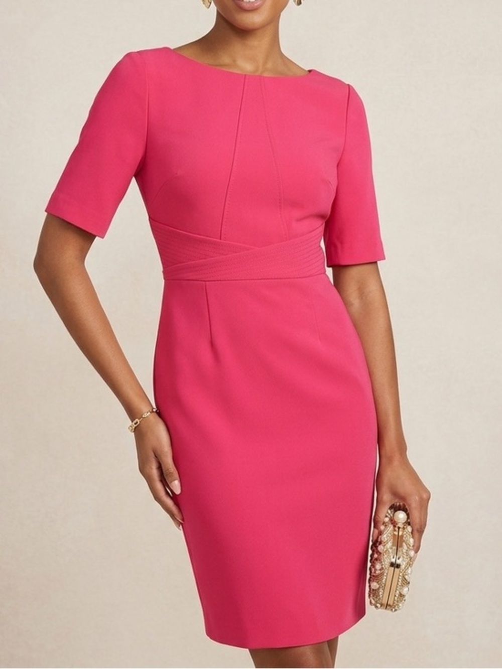 TOCCIN Guava Pink Boatneck Sheath Dress Short Sleeve Exposed Zip 8